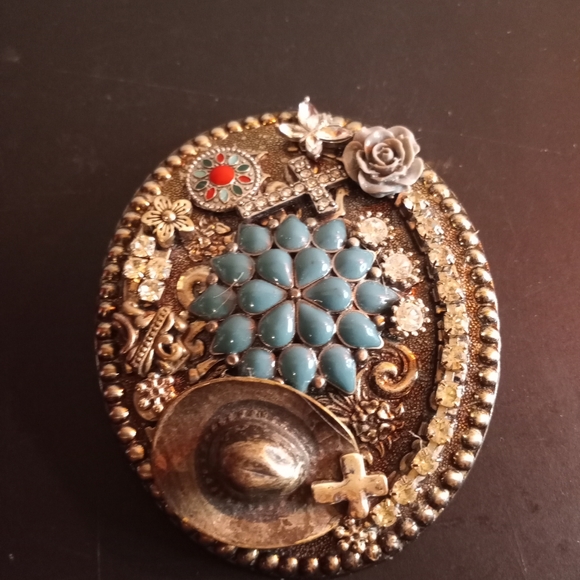 Fred Fellows Rhinestone, Turquoise & Silver 4"x3" Texas Style Buckle - Picture 3 of 4